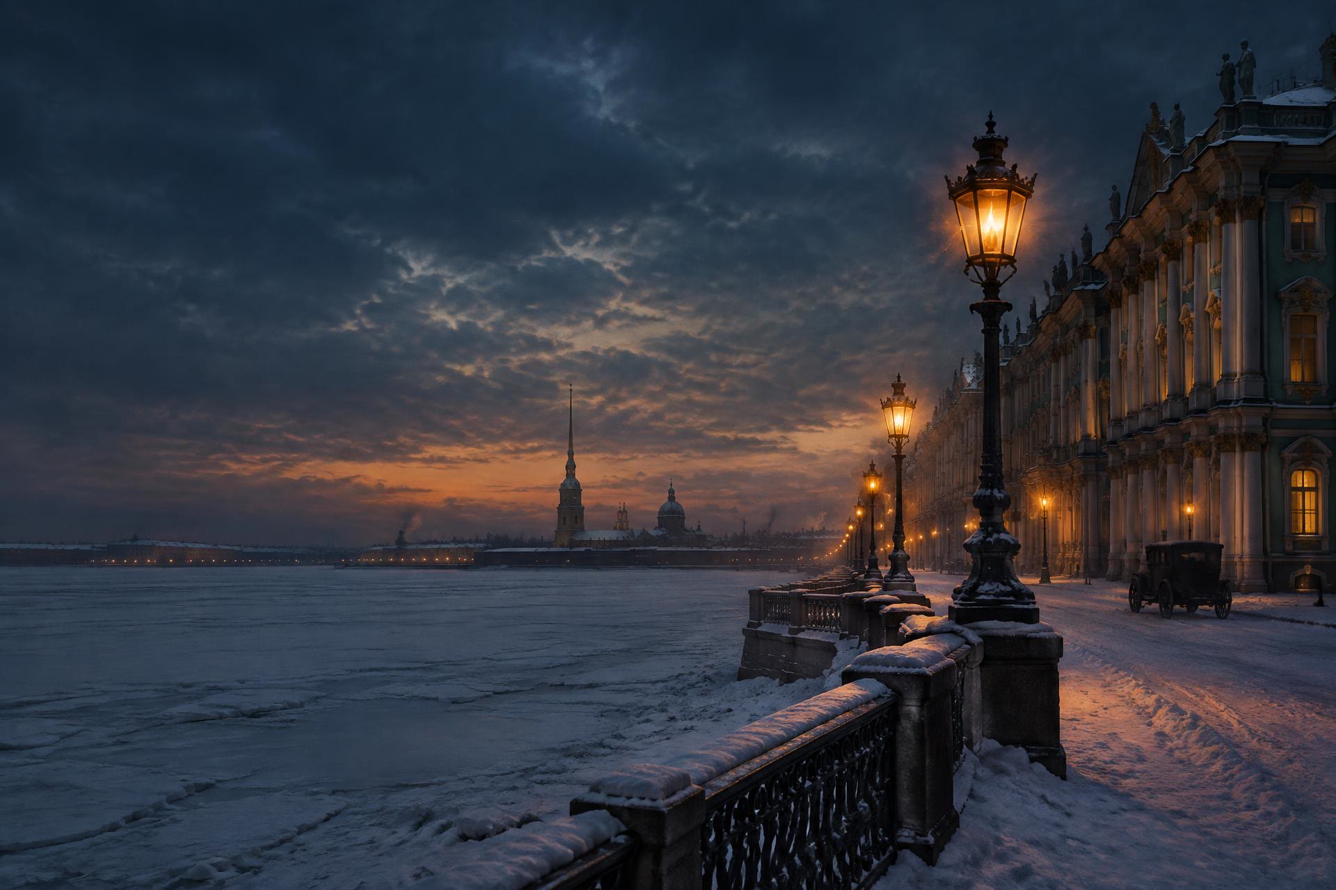 Snow-covered embankment of Saint Petersburg at dusk, lit by gas lamps